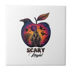 Scary Night Raven Apple Spooky Haunted Castle Hall Ceramic Tile