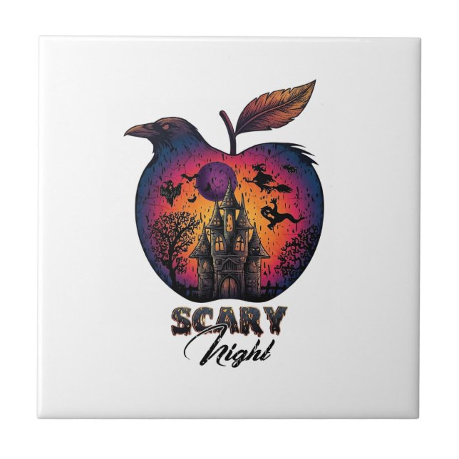 Scary Night Raven Apple Spooky Haunted Castle Hall Ceramic Tile (Front)