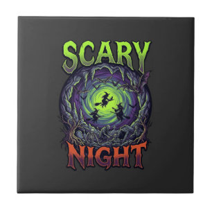 Scary Night Witches Bat Cave Neon Vortex Skeletons Ceramic Tile