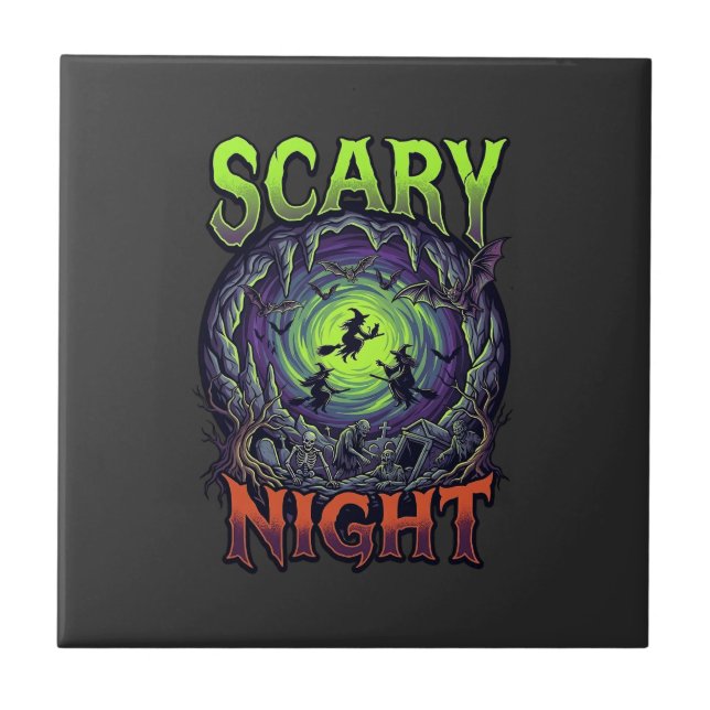 Scary Night Witches Bat Cave Neon Vortex Skeletons Ceramic Tile (Front)