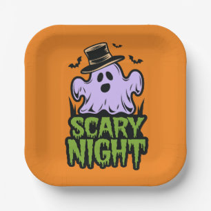 Scary Night With Cute Halloween Ghost Party Paper Plate