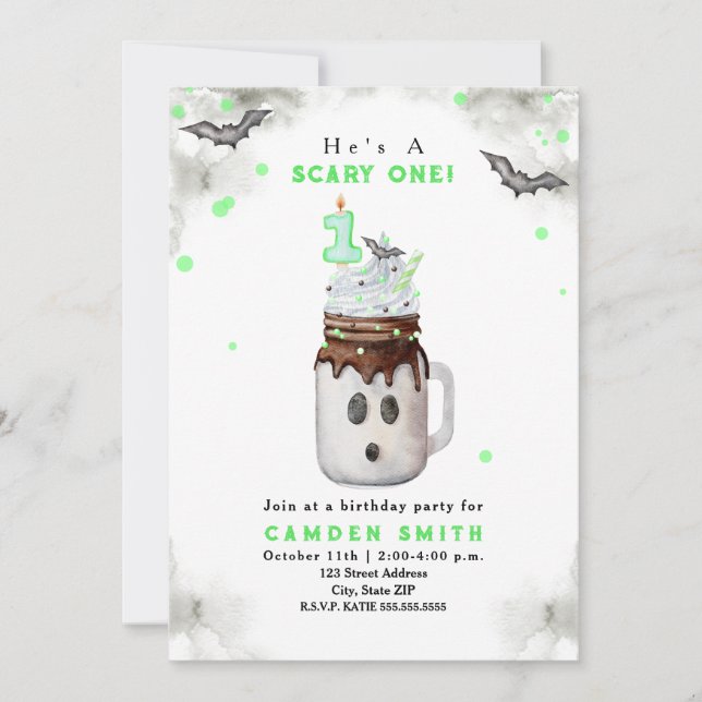 Scary One Green Ghost Milkshake 1st Birthday Invitation (Front)