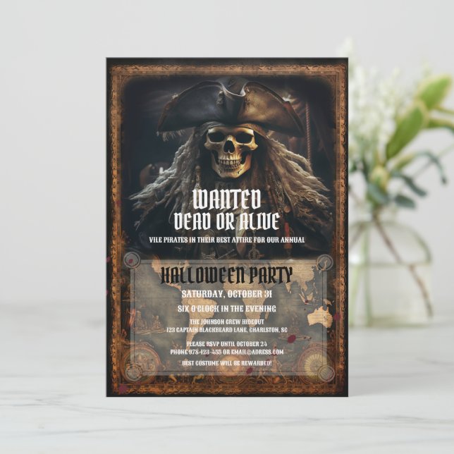 Scary Pirate Skull Black Halloween Party Invitation (Standing Front)