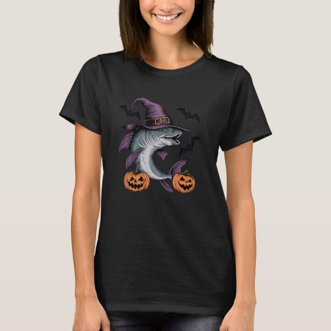 Scary Pumpkin Bat Witch Barracuda Fish Halloween T-Shirt (Front)
