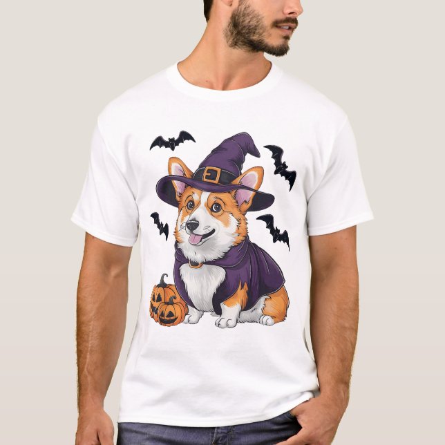  Scary Pumpkin Bat Witch Hat Corgi Dog Halloween  T-Shirt (Front)