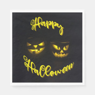 Scary pumpkin face with yellow Happy Halloween Napkin