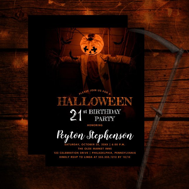Scary Pumpkin Halloween 21st Birthday Party Invitation (Creepy barn scene pumpkin scarecrow adult Halloween 21st Birthday Party Invitation)