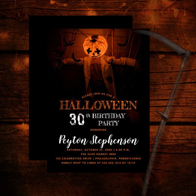 Scary Pumpkin Halloween 30th Birthday Party Invitation (Creepy barn scene pumpkin scarecrow adult Halloween 30th Birthday Party Invitation)