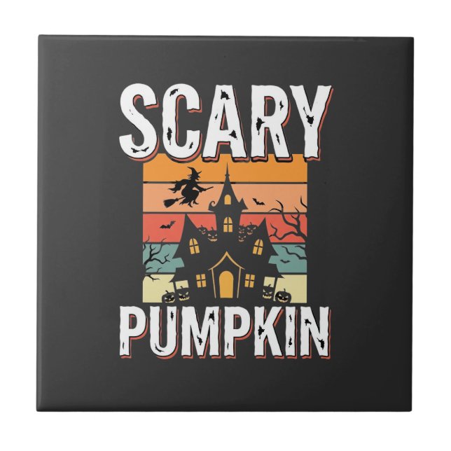 Scary Pumpkin Haunted House Halloween Design_1 Ceramic Tile (Front)