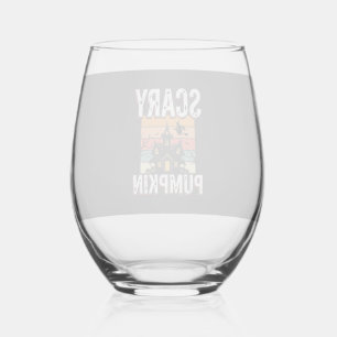 Scary Pumpkin Haunted House Halloween Design_1 Stemless Wine Glass