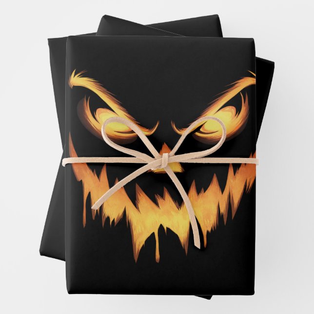 Scary Pumpkin Jack O Lantern Face Halloween Wrapping Paper Sheet (In situ)
