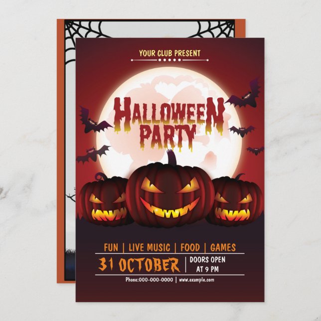Scary Pumpkin Jack o lantern Halloween Party Invitation (Front/Back)