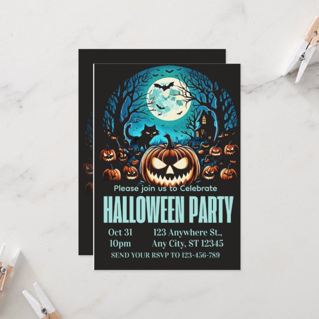 Scary Pumpkin Moonlit Halloween Party Invite (Front/Back In Situ)