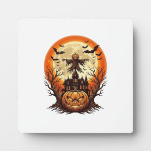 Scary Pumpkin Scarecrow Haunted House Full Moon Ha Plaque