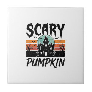Scary Pumpkin Vintage Haunted House Halloween Desi Ceramic Tile