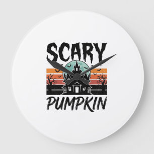 Scary Pumpkin Vintage Haunted House Halloween Desi Large Clock
