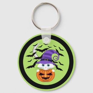 Scary Pumpkin with a White Kitty and Witches Ha Key Ring