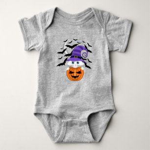 Scary Pumpkin with a White Kitty and Witches Hat Baby Bodysuit