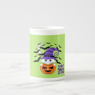 Scary Pumpkin with a White Kitty and Witches Hat Bone China Mug