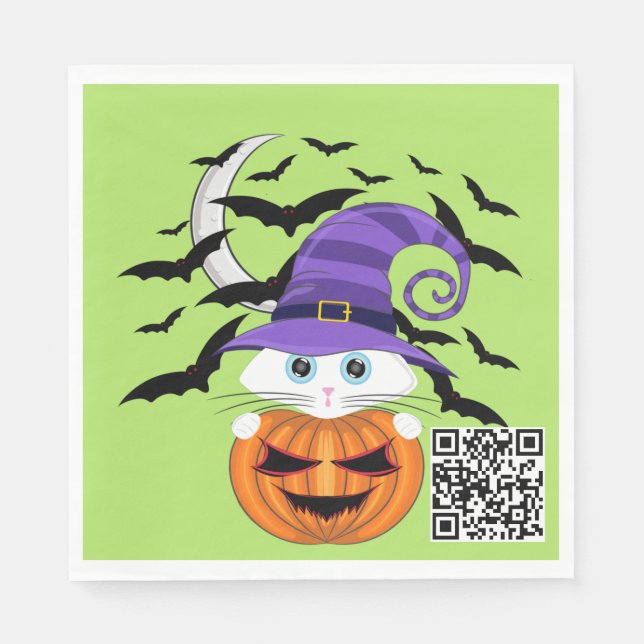 Scary Pumpkin with a White Kitty and Witches Hat  Napkin (Front)