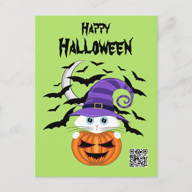 Scary Pumpkin with a White Kitty and Witches Hat Postcard (Front)