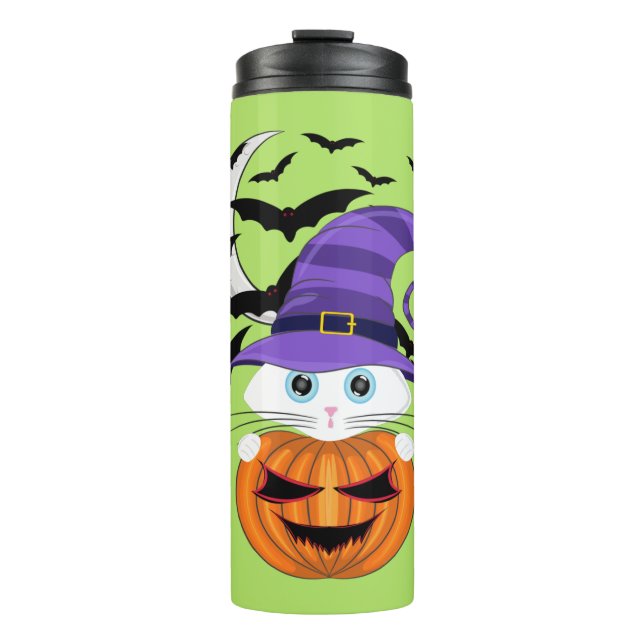 Scary Pumpkin with a White Kitty and Witches Hat  Thermal Tumbler (Front)