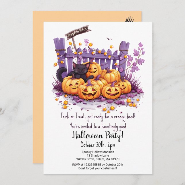 Scary Pumpkins Cute Black Cat Halloween Party  Invitation (Front/Back)