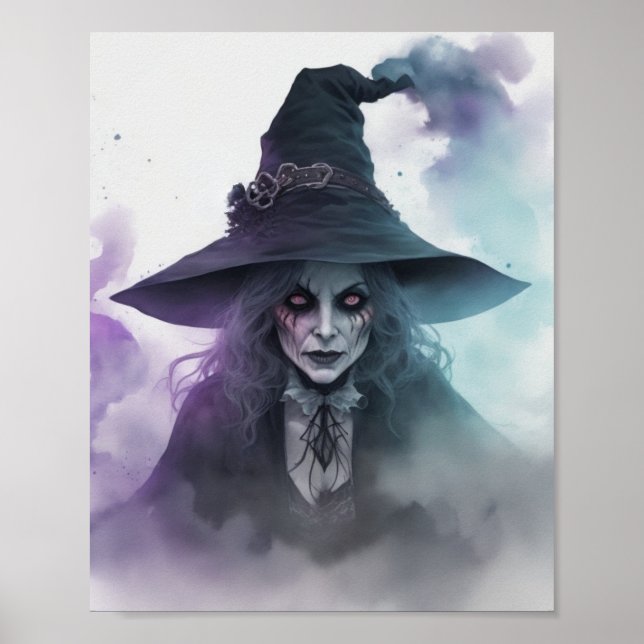 Scary Realistic Witch Watercolor Fog Halloween Poster (Front)