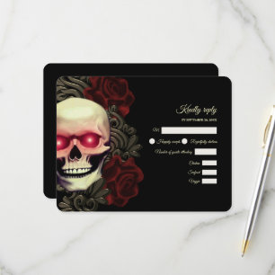 Scary red floral dark gothic skull hallowedding RSVP card