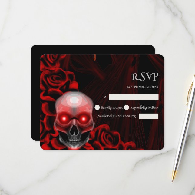 Scary red floral dark moody gothic skull halloween RSVP card (Front/Back In Situ)