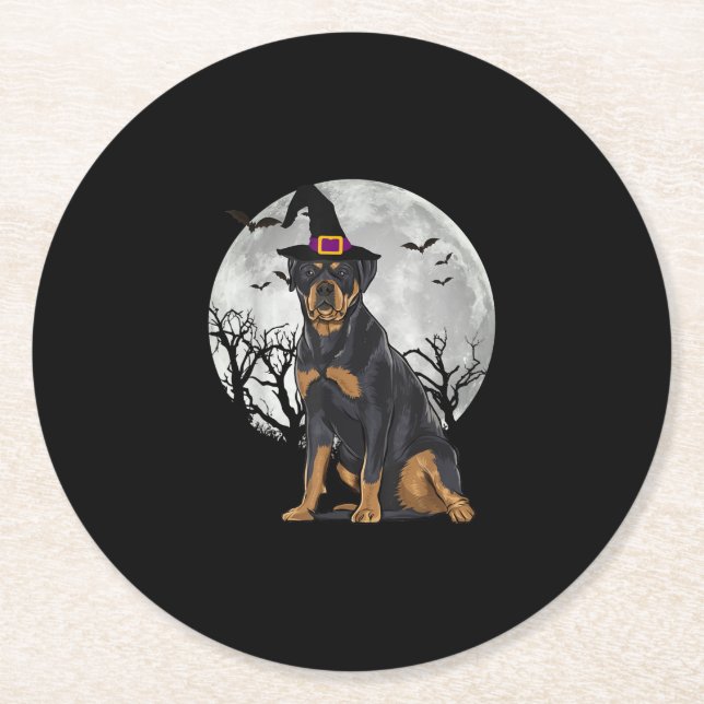 Scary Rottweiler Dog Witch Hat Halloween Round Paper Coaster (Front)