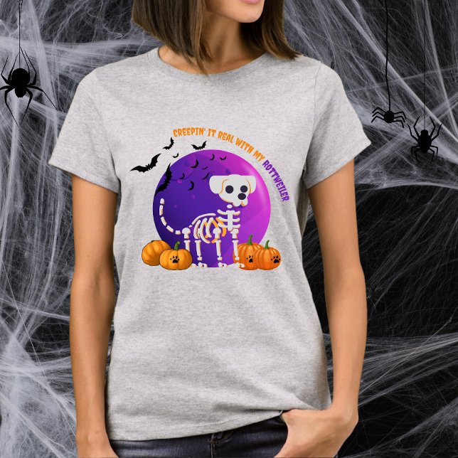 Scary Rottweiler Halloween Full Moon T-Shirt (Spooky Halloween t-shirt with a dog skeleton, full moon, pumpkins, bats, and your favorite dog breed)