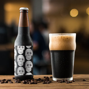Scary Scull Black & White Pattern Happy Halloween Beer Bottle Label