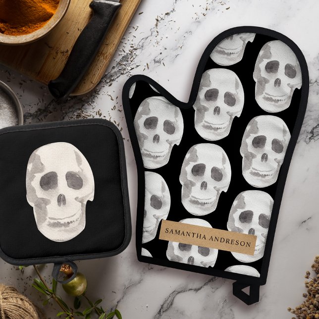 Scary Scull Black & White Pattern|Happy Halloween Oven Mitt & Pot Holder Set (Creator Uploaded)