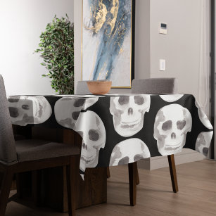 Scary Scull Black & White Pattern Happy Halloween Tablecloth