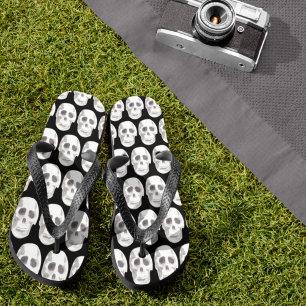 Scary Scull Black & White Pattern Happy Halloween Thongs