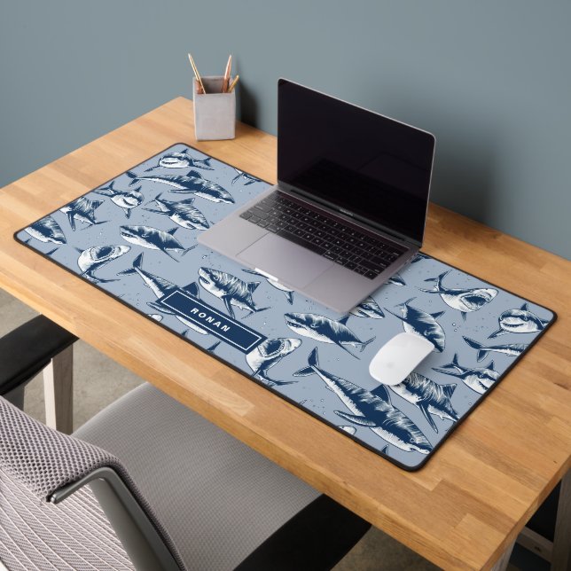 Scary Shark Pattern Kids Name | Blue Desk Mat (Office 2)