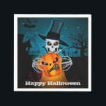 Scary Skeleton Halloween Party Napkin<br><div class="desc">A spooky skeleton in a hop hat holds a scary jack o' lantern on a dark Halloween night on these Halloween party paper napkins. MATCHING items in our store.</div>