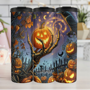 Scary Skeleton Hand Holding Pumpkin Thermal Tumbler