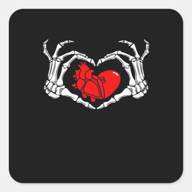 Scary Skeleton Hands And Red Heart Creepy Spooky V Square Sticker (Front)