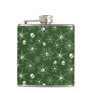 Scary skull Creepmas Christmas Snowflakes green Hip Flask