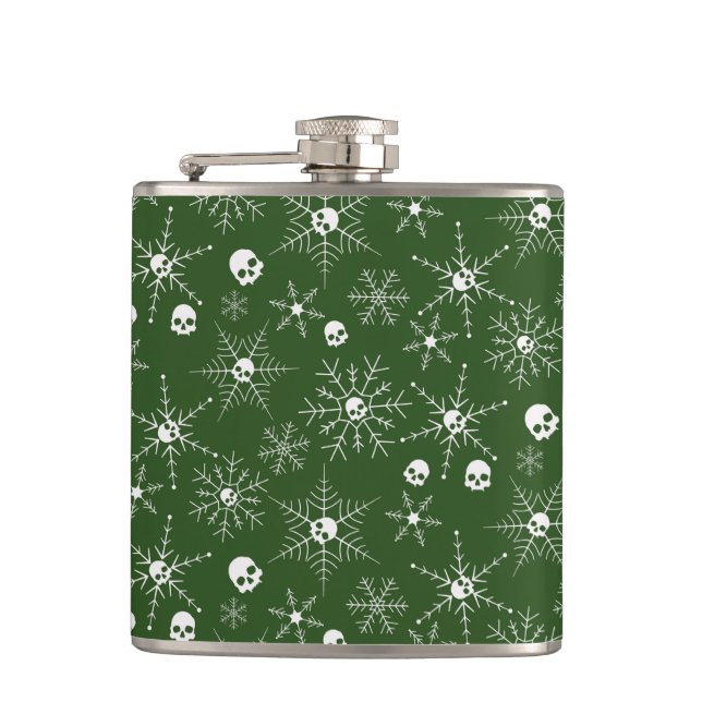 Scary skull Creepmas Christmas Snowflakes green Hip Flask (Front)