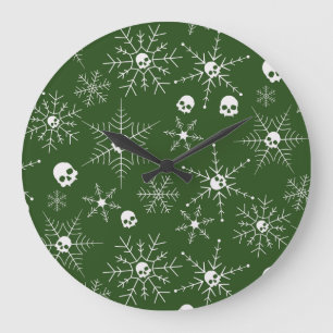 Scary skull Creepmas Christmas Snowflakes green Large Clock