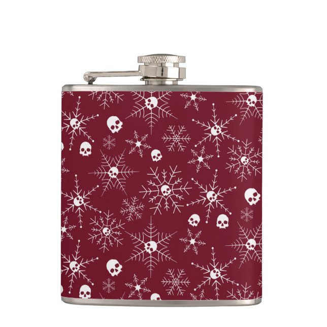 Scary skull Creepmas Christmas Snowflakes red Hip Flask (Front)