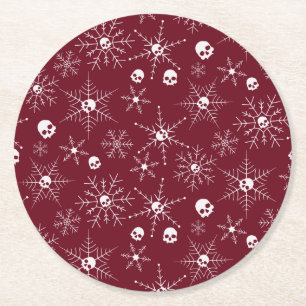 Scary skull Creepmas Christmas Snowflakes red Round Paper Coaster