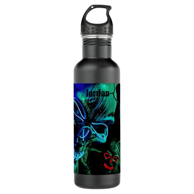 Scary Skull Neon Teal Blue Name Day Dead Halloween 710 Ml Water Bottle (Front)