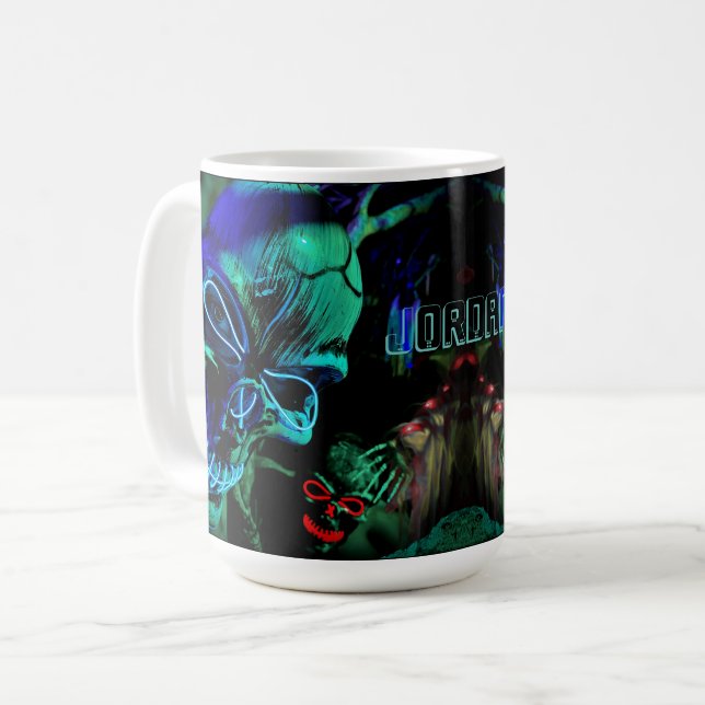 Scary Skull Neon Teal Blue Name Day Dead Halloween Coffee Mug (Front Left)