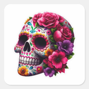SCARY SKULL WITH LIVE FLOWERS SQUARE STICKER