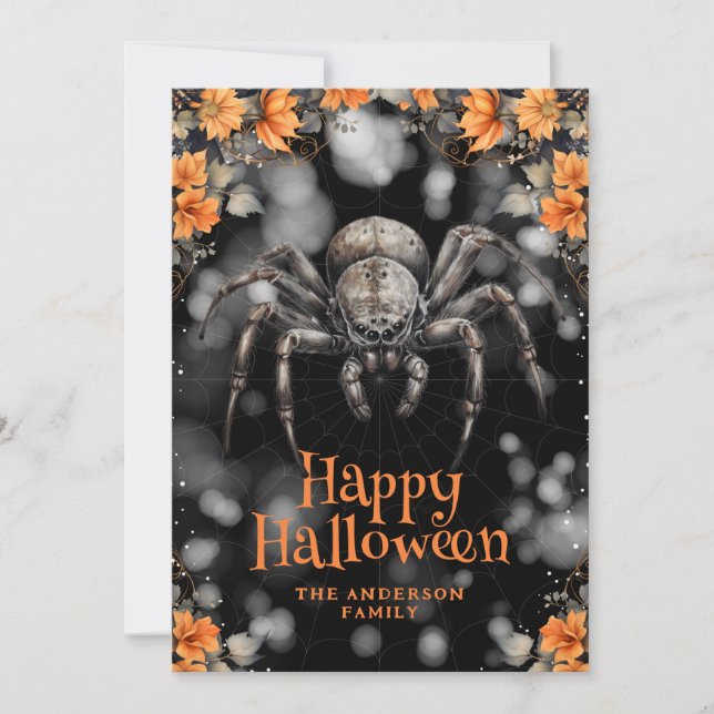 Scary Spider Floral Happy Halloween Card (Front)