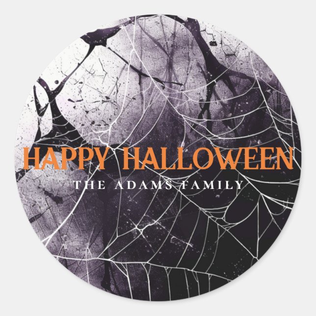 Scary Spider Web Happy Halloween Custom Name Classic Round Sticker (Front)